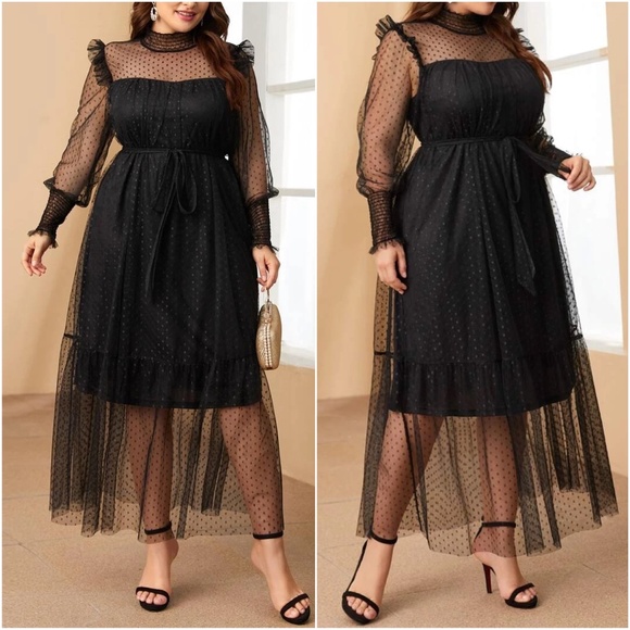 Dresses & Skirts - Plus Black Polka Dot Ruffle Evening Formal Maxi Dress